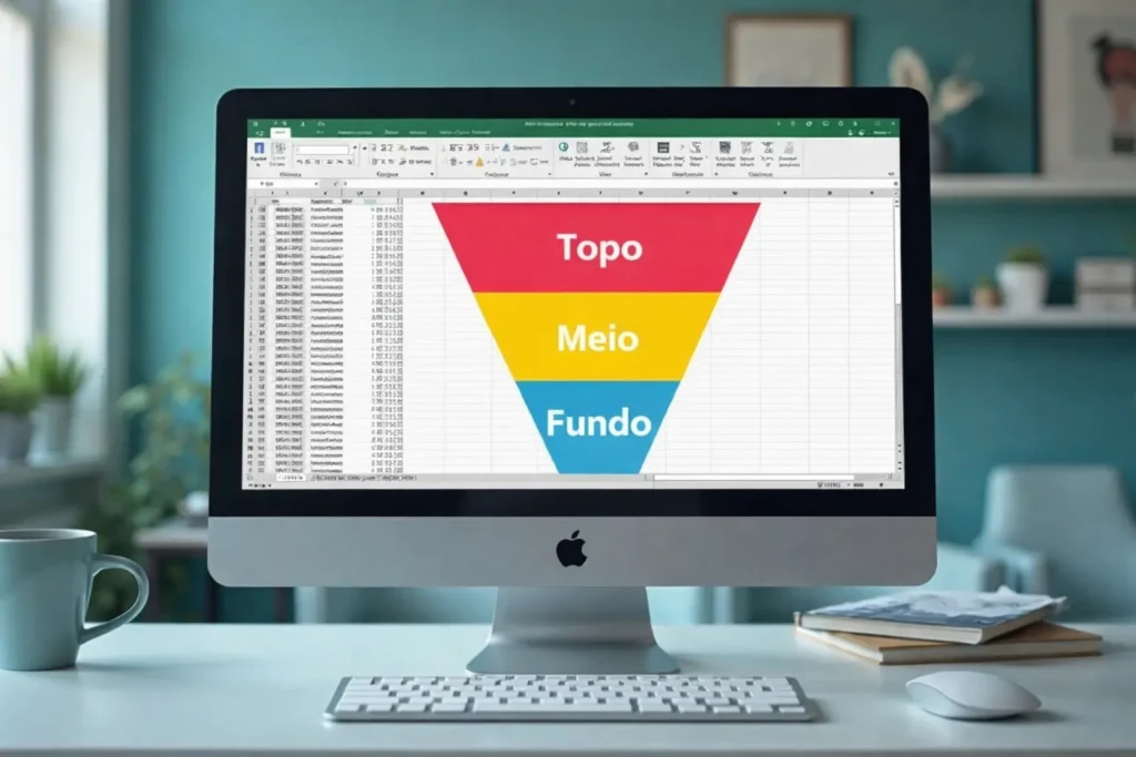 Computador em um escritório moderno exibindo uma planilha com um funil de marketing dividido em Topo, Meio e Fundo, representando as etapas da jornada do cliente, sobre uma mesa organizada com café e materiais de trabalho.