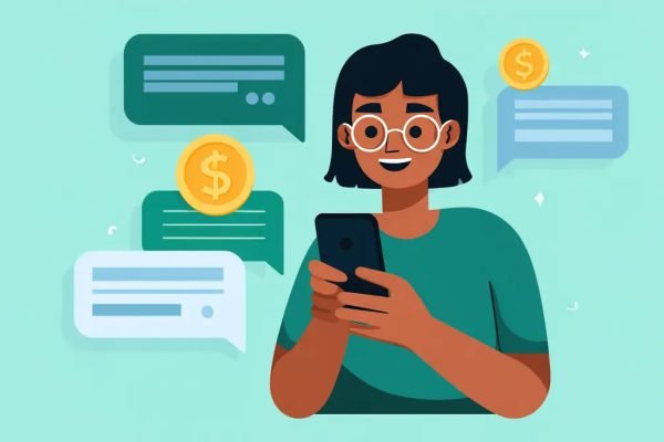 Person sending money via smartphone animated chat bubbles showing transaction messages modern P2P payment concept